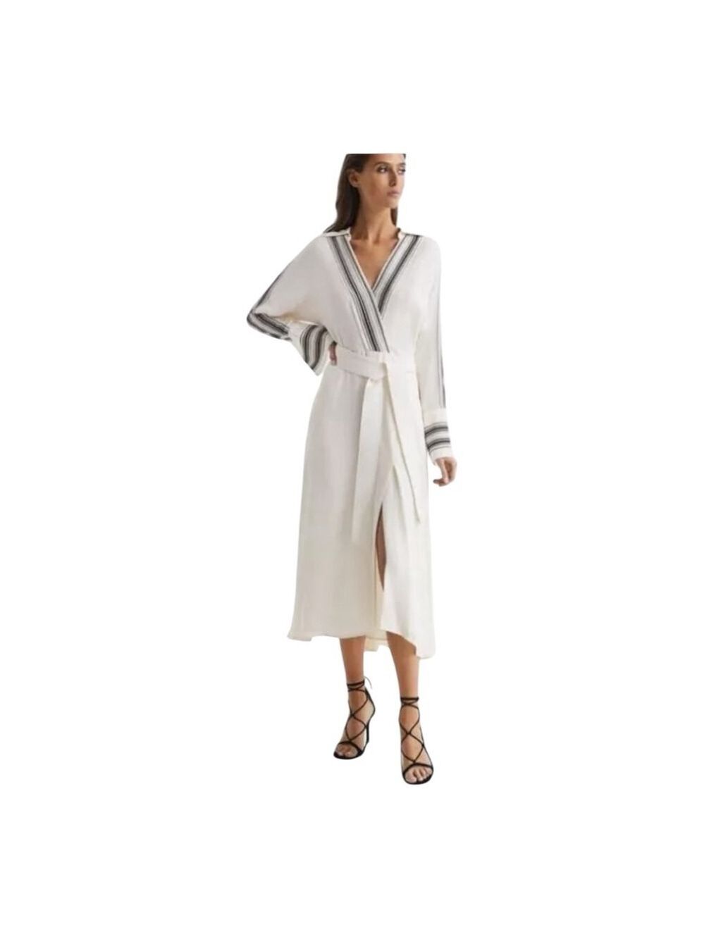 Reiss Nyla Striped Cream Striped Trim Long Sleeve Midi Dress Size 10
